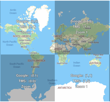 Carte mondiale plus bas niveau de zoom, 4 tuiles